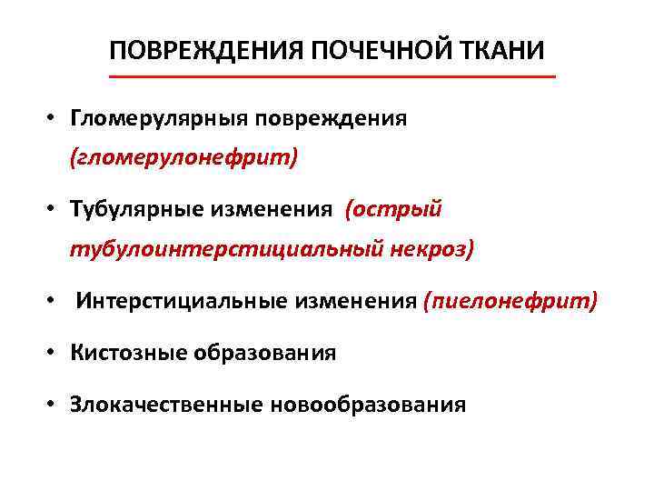 ПОВРЕЖДЕНИЯ ПОЧЕЧНОЙ ТКАНИ • Гломерулярныя повреждения (гломерулонефрит) • Тубулярные изменения (острый тубулоинтерстициальный некроз) •