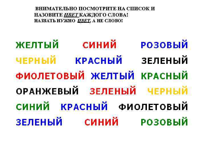 ВНИМАТЕЛЬНО ПОСМОТРИТЕ НА СПИСОК И НАЗОВИТЕ ЦВЕТ КАЖДОГО СЛОВА! НАЗВАТЬ НУЖНО ЦВЕТ, А НЕ