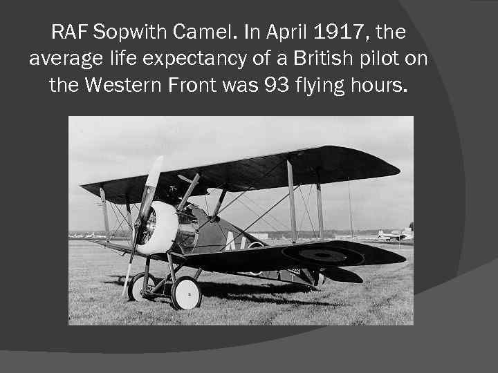 RAF Sopwith Camel. In April 1917, the average life expectancy of a British pilot