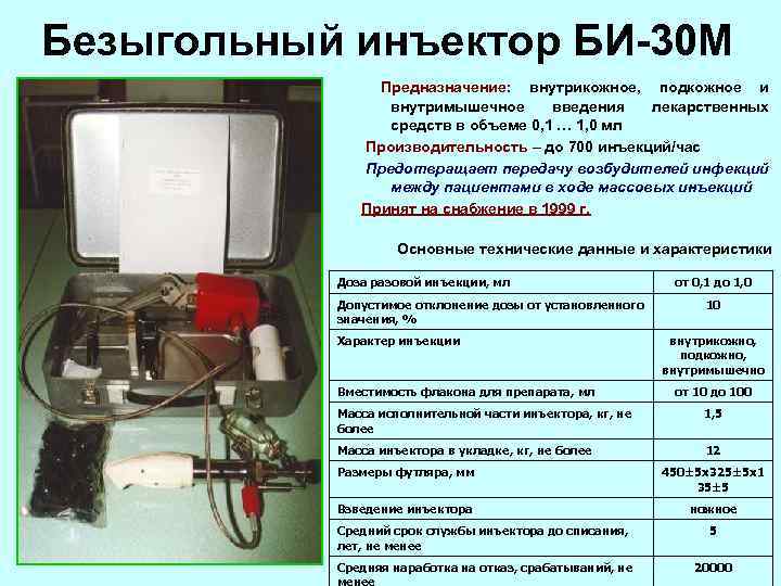 Безыгольный инъектор БИ-30 М Предназначение: внутрикожное, подкожное и внутримышечное введения лекарственных средств в объеме