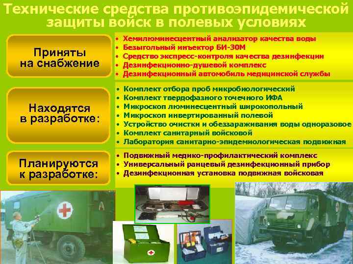 Технические средства противоэпидемической защиты войск в полевых условиях Приняты на снабжение • • •
