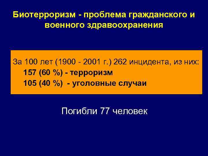Биотерроризм - проблема гражданского и военного здравоохранения За 100 лет (1900 - 2001 г.
