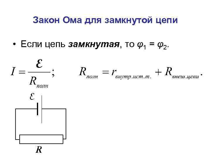 Закон Ома для замкнутой цепи • Если цепь замкнутая, то φ1 = φ2. 