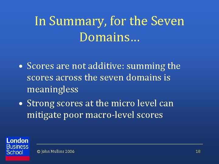 In Summary, for the Seven Domains… • Scores are not additive: summing the scores