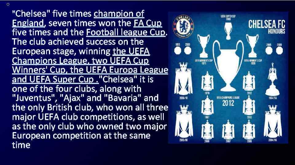  • "Chelsea" five times champion of England, seven times won the FA Cup