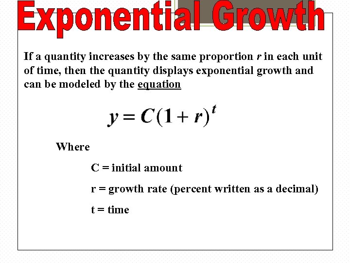 If a quantity increases by the same proportion r in each unit of time,