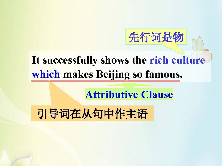 先行词是物 It successfully shows the rich culture which makes Beijing so famous. Attributive Clause