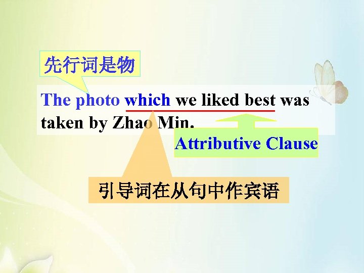 先行词是物 The photo which we liked best was taken by Zhao Min. Attributive Clause