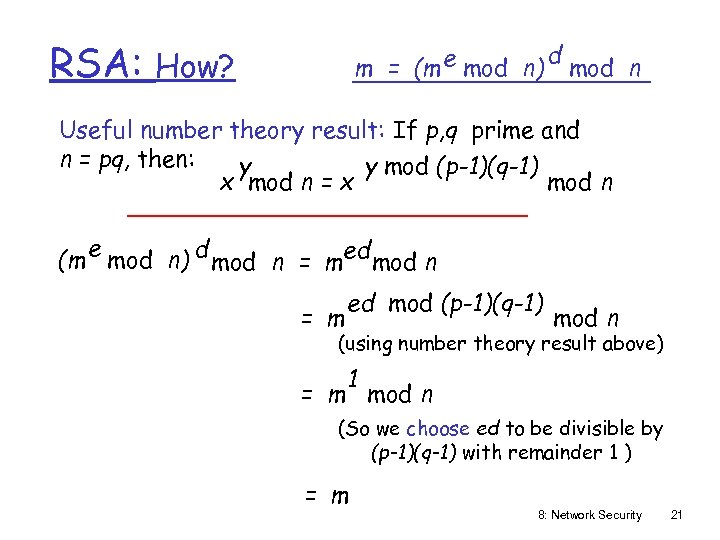 RSA: m = (m e mod n) How? d mod n Useful number theory