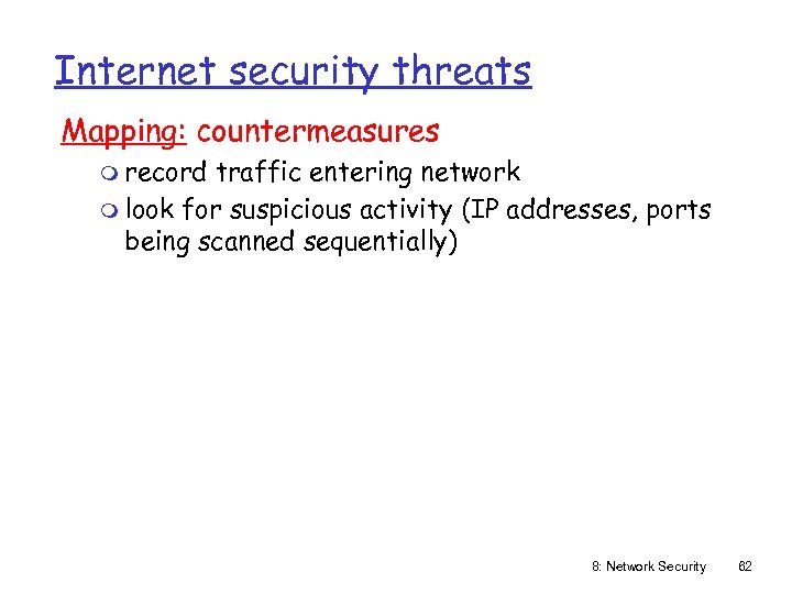 Internet security threats Mapping: countermeasures m record traffic entering network m look for suspicious