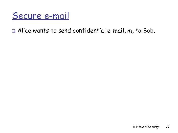 Secure e-mail q Alice wants to send confidential e-mail, m, to Bob. 8: Network