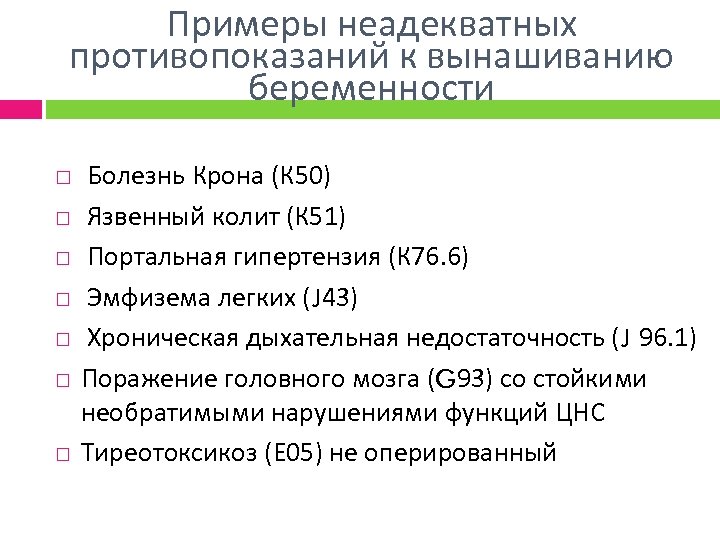 Примеры неадекватных противопоказаний к вынашиванию беременности Болезнь Крона (К 50) Язвенный колит (К 51)
