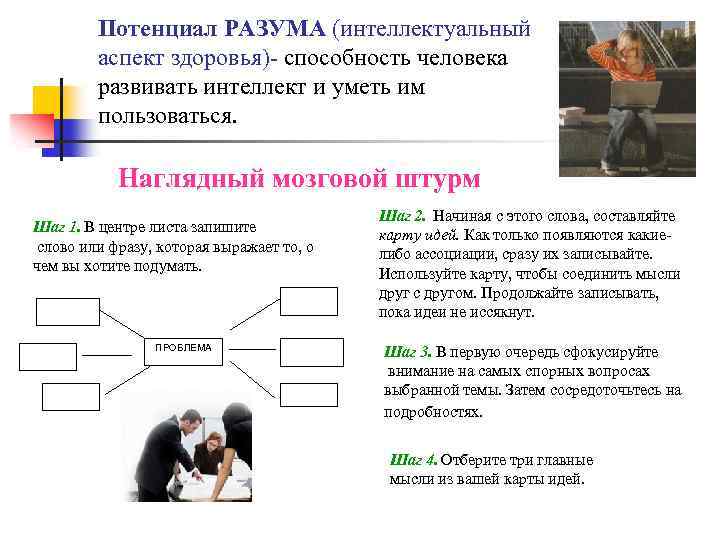Потенциал РАЗУМА (интеллектуальный аспект здоровья)- способность человека развивать интеллект и уметь им пользоваться. Наглядный