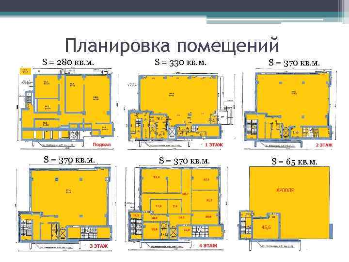 Планировка помещений S = 280 кв. м. S = 370 кв. м. S =