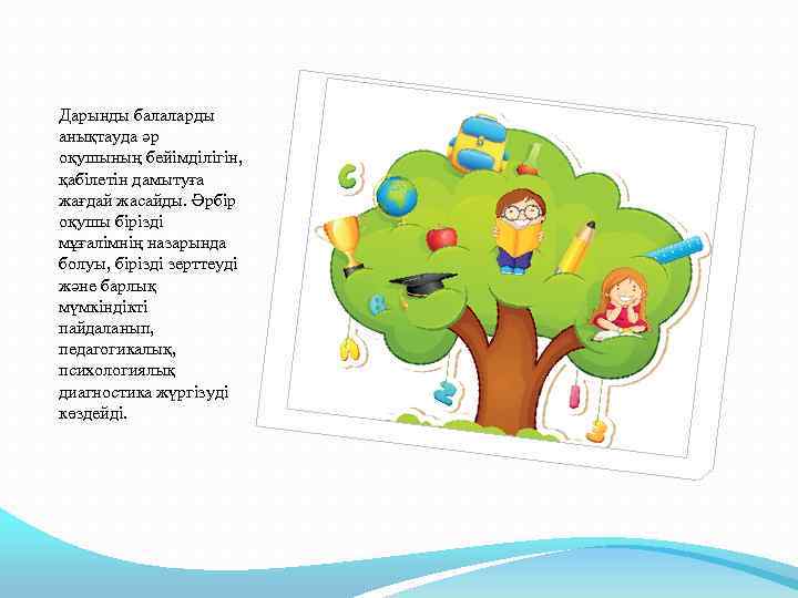 Дарынды балаларды анықтауда әр оқушының бейімділігін, қабілетін дамытуға жағдай жасайды. Әрбір оқушы бірізді мұғалімнің