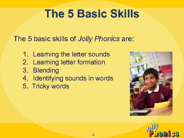 The 5 Basic Skills The 5 basic skills of Jolly Phonics are: 1. 2.