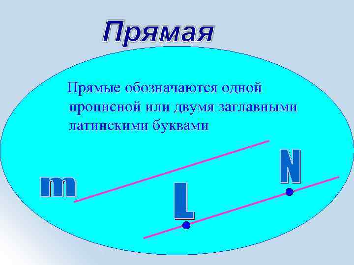 Прямые обозначаются одной прописной или двумя заглавными латинскими буквами 