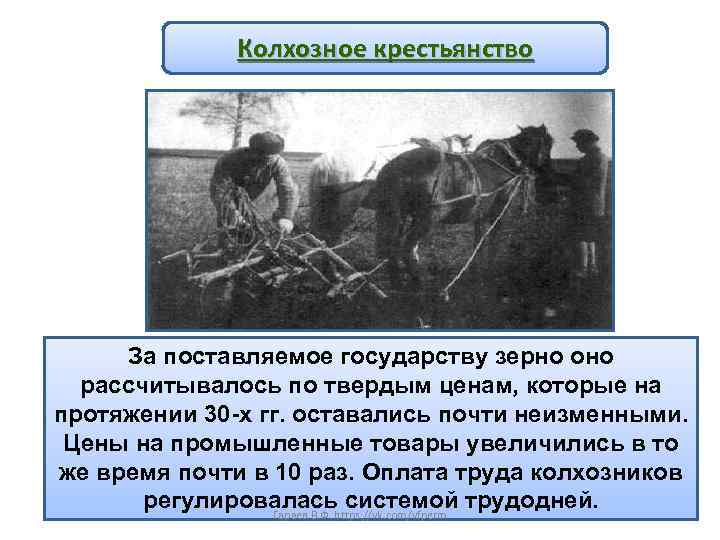 Колхозное крестьянство За поставляемое государству зерно оно рассчитывалось по твердым ценам, которые на протяжении