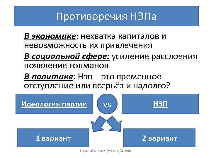 Противоречия НЭПа В экономике: нехватка капиталов и невозможность их привлечения В социальной сфере: усиление
