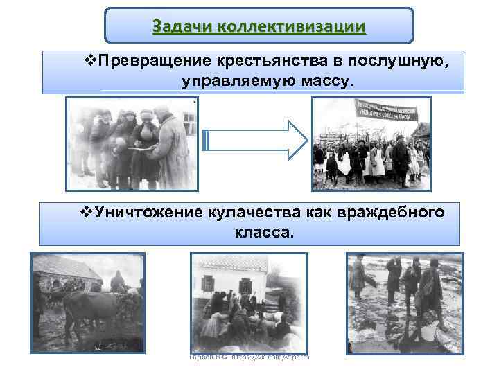 Задачи коллективизации v. Превращение крестьянства в послушную, управляемую массу. v. Уничтожение кулачества как враждебного