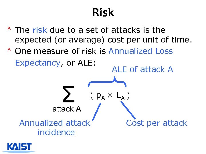 Risk ^ The risk due to a set of attacks is the expected (or