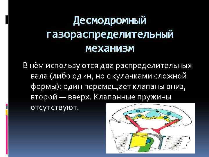 Десмодромный газораспределительный механизм В нём используются два распределительных вала (либо один, но с кулачками