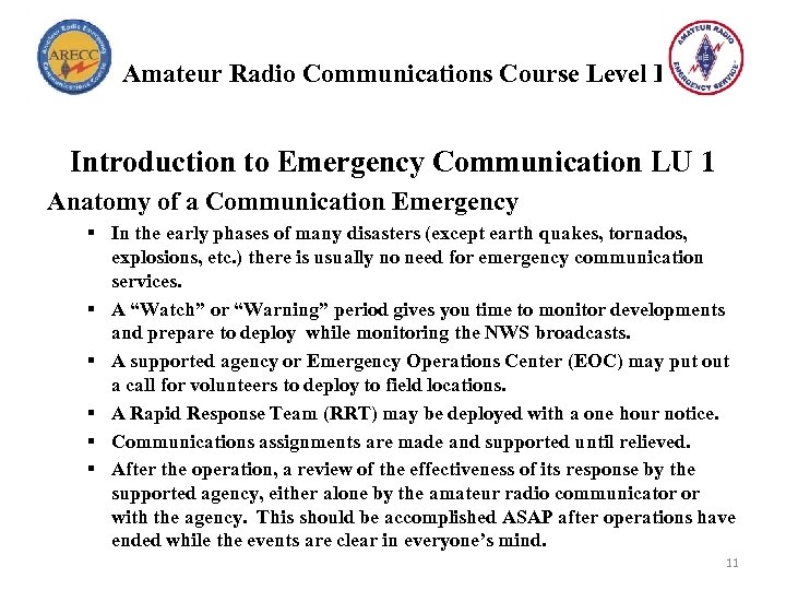 Amateur Radio Communications Course Level I Introduction to Emergency Communication LU 1 Anatomy of