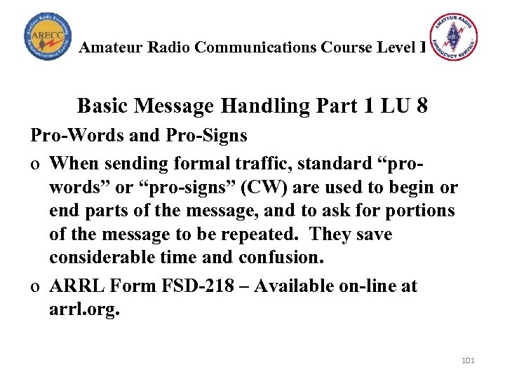 Amateur Radio Communications Course Level I Basic Message Handling Part 1 LU 8 Pro-Words