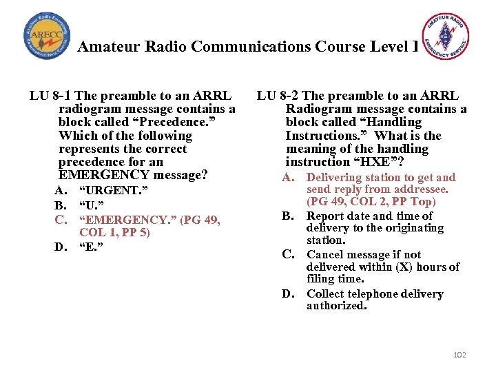 Amateur Radio Communications Course Level I LU 8 -1 The preamble to an ARRL