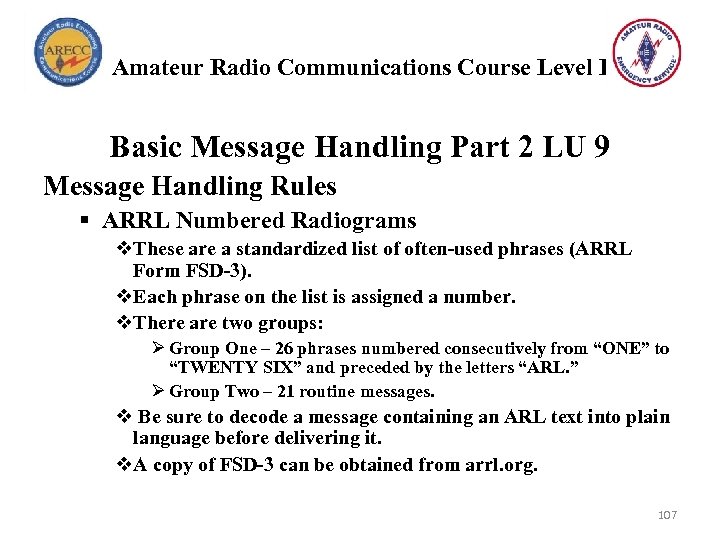 Amateur Radio Communications Course Level I Basic Message Handling Part 2 LU 9 Message