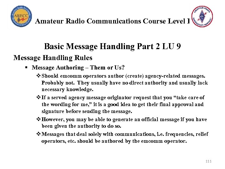 Amateur Radio Communications Course Level I Basic Message Handling Part 2 LU 9 Message