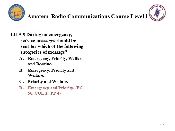 Amateur Radio Communications Course Level I LU 9 -5 During an emergency, service messages