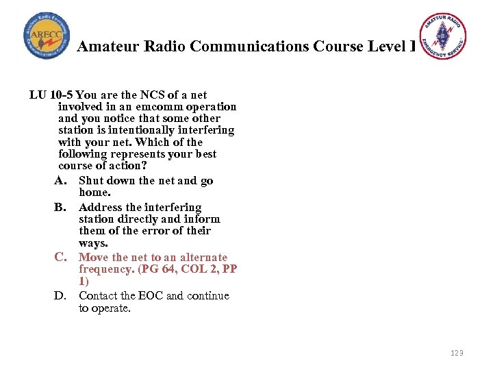 Amateur Radio Communications Course Level I LU 10 -5 You are the NCS of