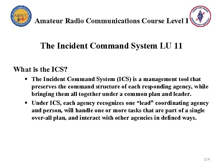 Amateur Radio Communications Course Level I The Incident Command System LU 11 What is