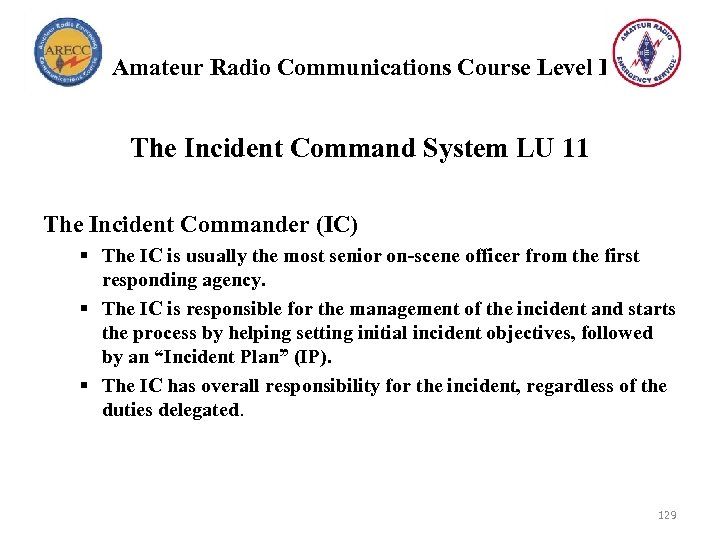 Amateur Radio Communications Course Level I The Incident Command System LU 11 The Incident