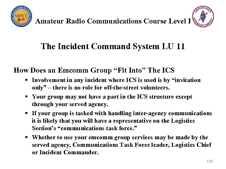 Amateur Radio Communications Course Level I The Incident Command System LU 11 How Does