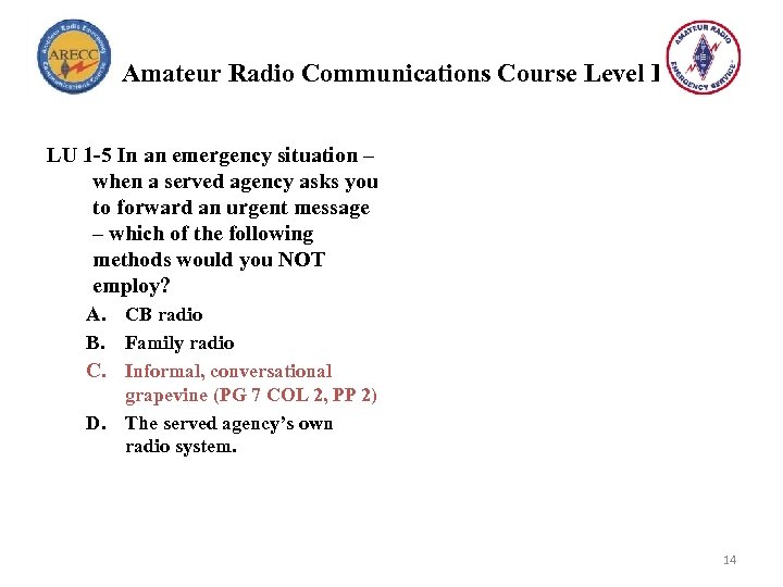 Amateur Radio Communications Course Level I LU 1 -5 In an emergency situation –