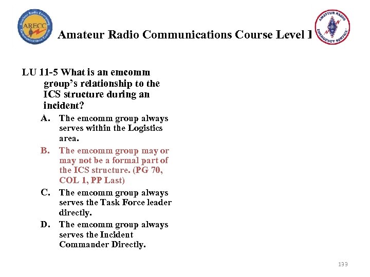 Amateur Radio Communications Course Level I LU 11 -5 What is an emcomm group’s