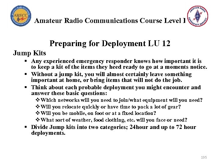 Amateur Radio Communications Course Level I Preparing for Deployment LU 12 Jump Kits §