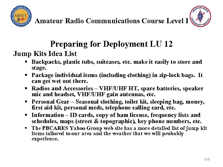 Amateur Radio Communications Course Level I Preparing for Deployment LU 12 Jump Kits Idea