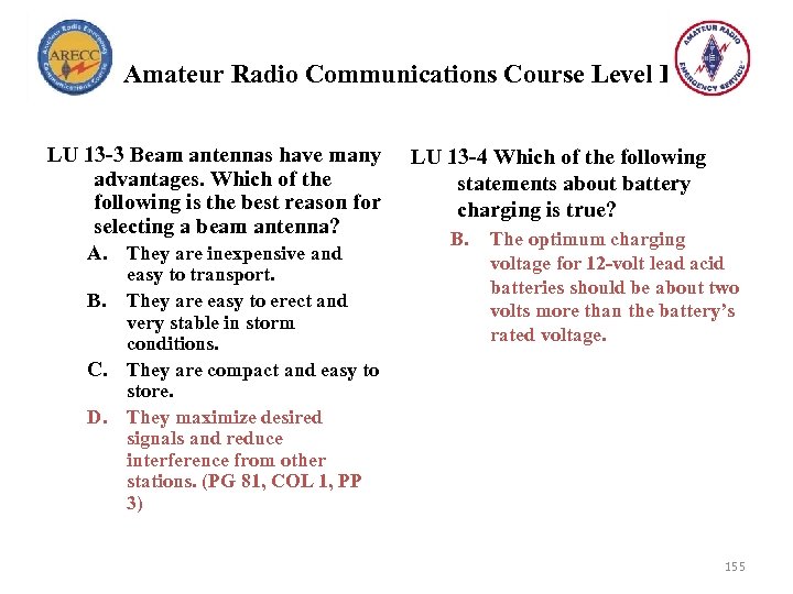 Amateur Radio Communications Course Level I LU 13 -3 Beam antennas have many advantages.