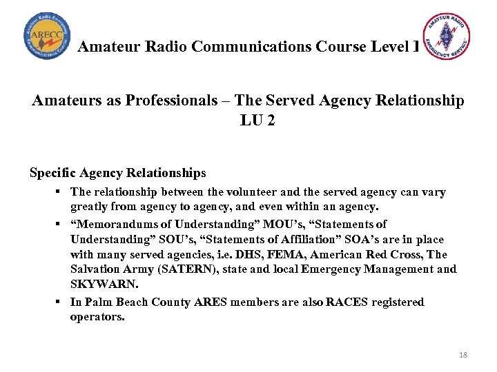 Amateur Radio Communications Course Level I Amateurs as Professionals – The Served Agency Relationship