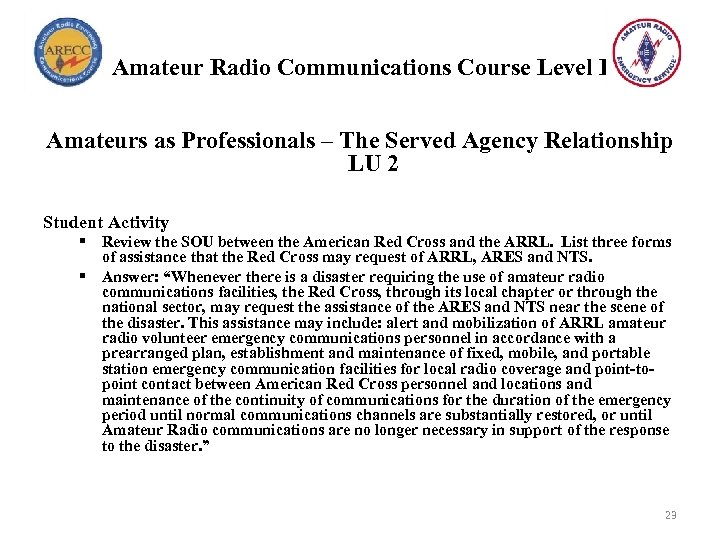 Amateur Radio Communications Course Level I Amateurs as Professionals – The Served Agency Relationship