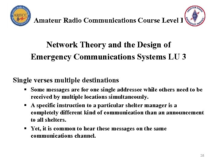 Amateur Radio Communications Course Level I Network Theory and the Design of Emergency Communications