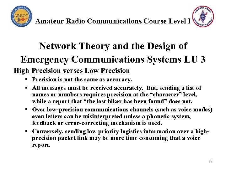 Amateur Radio Communications Course Level I Network Theory and the Design of Emergency Communications