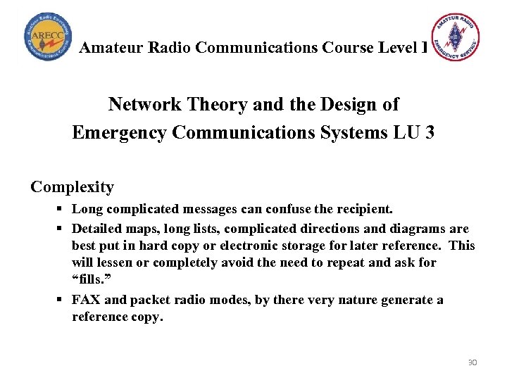 Amateur Radio Communications Course Level I Network Theory and the Design of Emergency Communications