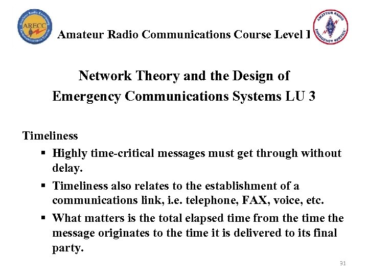 Amateur Radio Communications Course Level I Network Theory and the Design of Emergency Communications