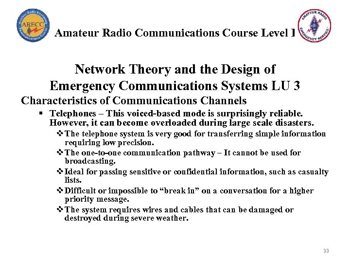 Amateur Radio Communications Course Level I Network Theory and the Design of Emergency Communications