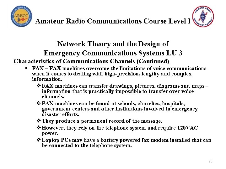 Amateur Radio Communications Course Level I Network Theory and the Design of Emergency Communications