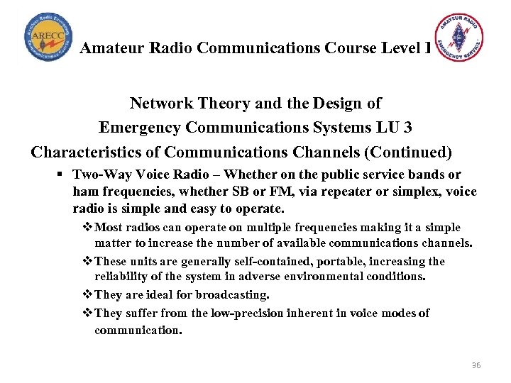 Amateur Radio Communications Course Level I Network Theory and the Design of Emergency Communications